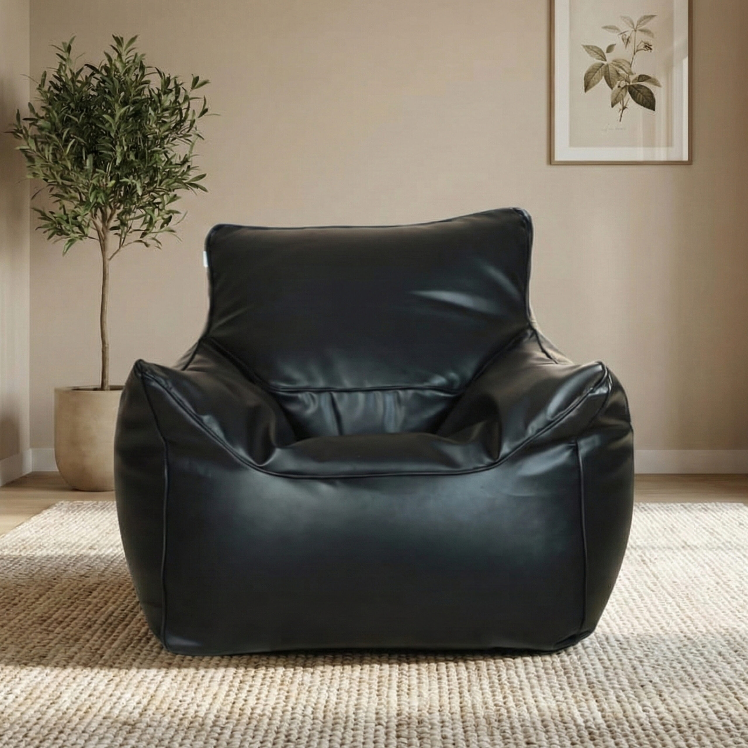 3 Faux Leather Single Couch Bean Bag - Black - Image 1