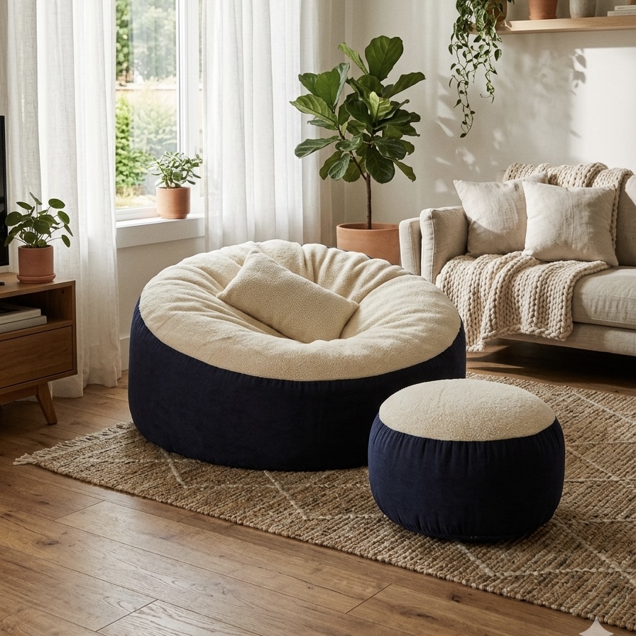 IMG_0600 Giant Roll Fabrics Xxxl 3pcs Combo Bean Bag- Navy Blue/Cream - Image 1